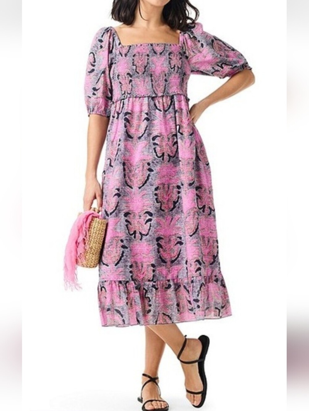 NIC + ZOE Pink Floral Smocked Midi Dress with Puff Sleeves And Pockets Size XXL
